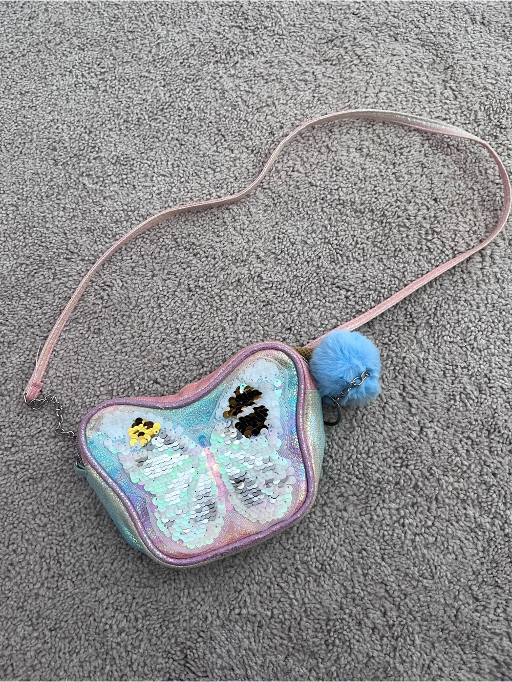 🕸️(10 for $10) Kids Iridescent Pink Butterfly Sequin Crossbody Bag with Blue Pom